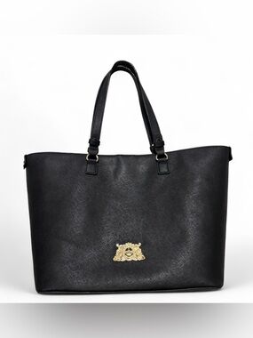 Juicy Couture Black Saffiano Leather Tote with Gold Crest Accent